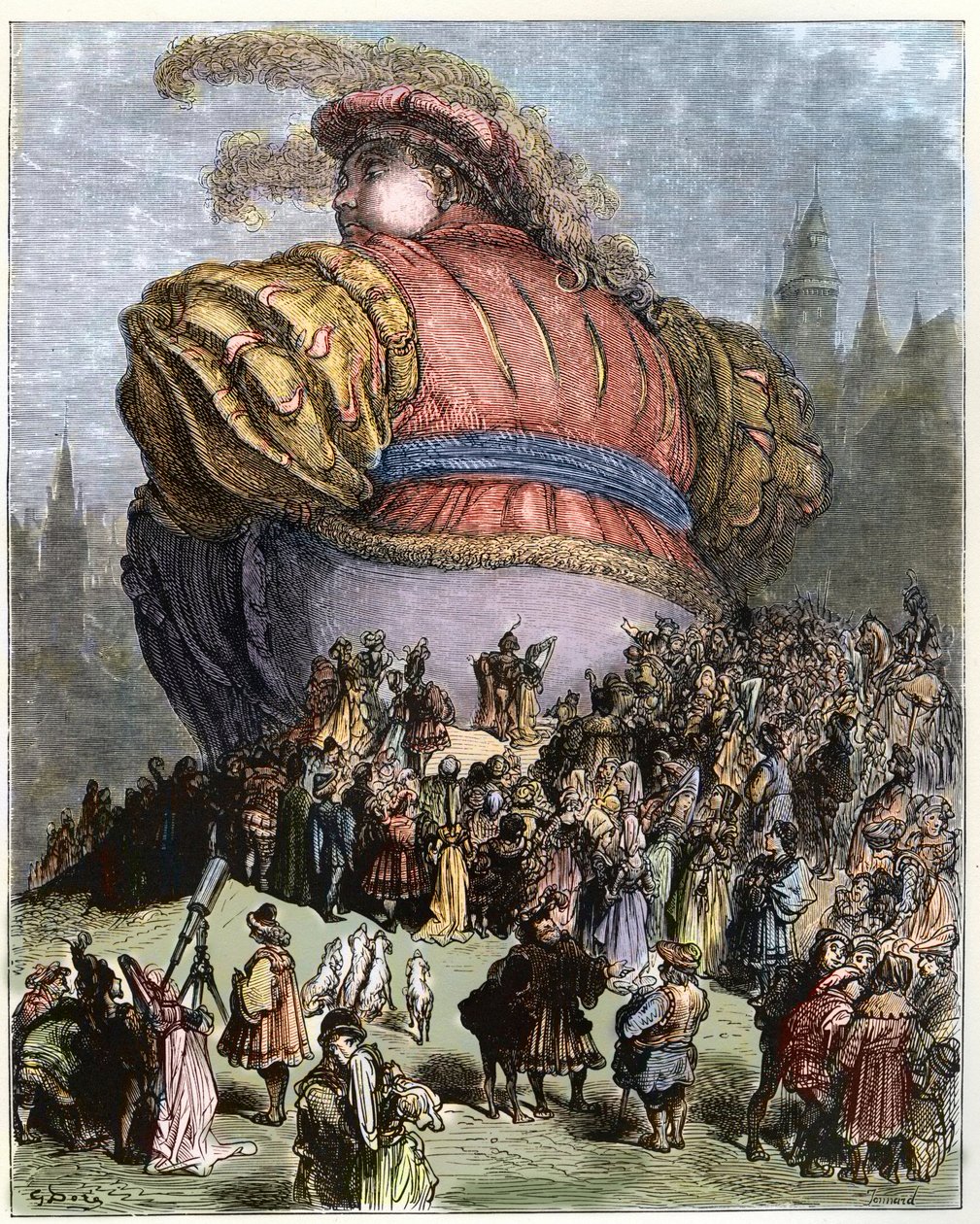 Gargantua z wizytą w Paryżu - Paryżanie podziwiają Gargantuę - ilustracja z "Gargantua i Pantagruel", autorstwa Francois Rabelais - rycina Gustave Dore (1832-1883) autorstwa Gustave Dore