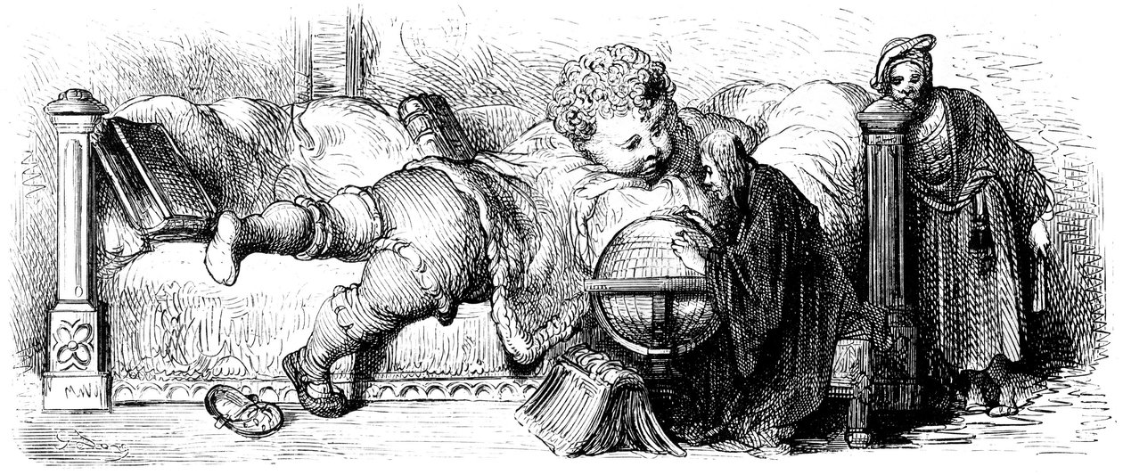 Edukacja Gargantui: gigant, dziecko, leży na łóżku, studiując globus ze swoimi nauczycielami. Ilustracja Gustave