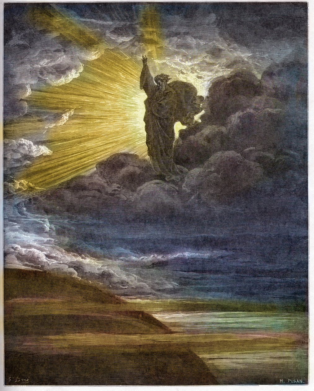 Bóg tworzący światło - Stworzenie światła - Stary Testament (Księga Rodzaju) - Stworzenie światła - grawerowanie w „The Bible illustree” Gustave