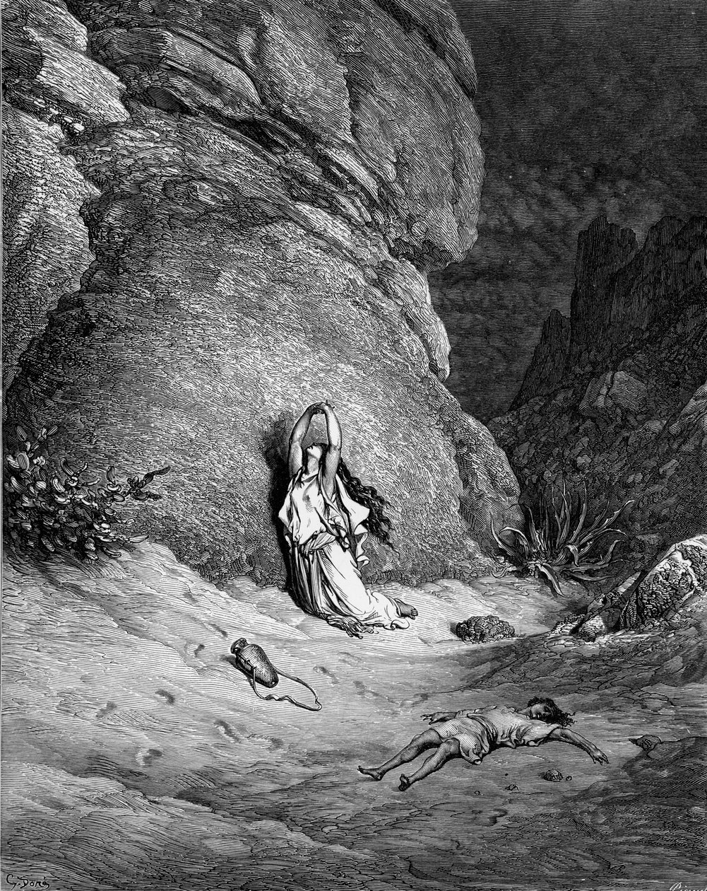Hagar i Ismael, rycina Doré. - Biblia autorstwa Gustave Dore