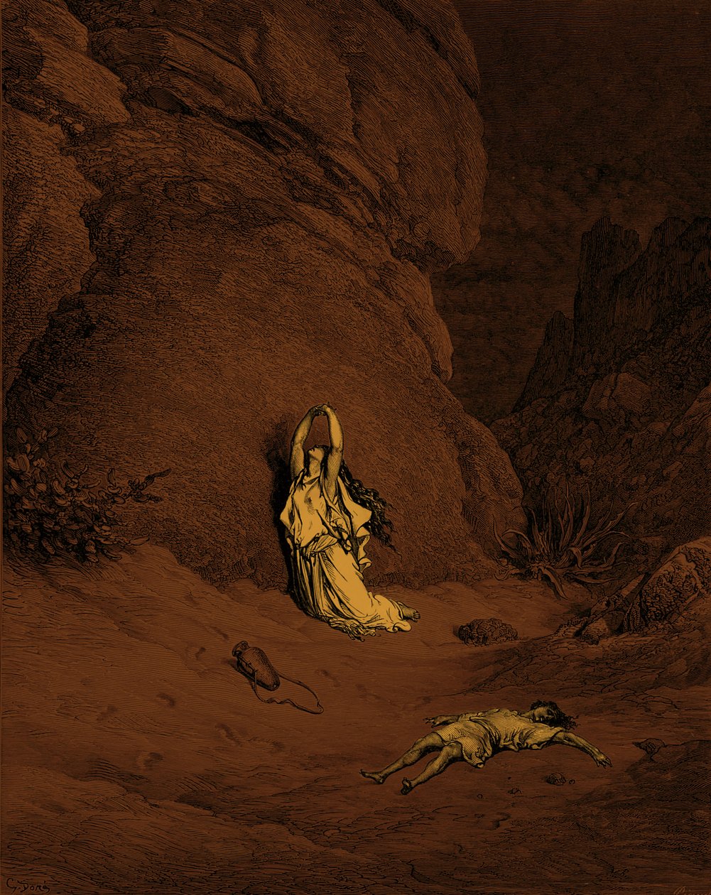 Hagar i Ismael, rycina Doré. - Biblia autorstwa Gustave Dore