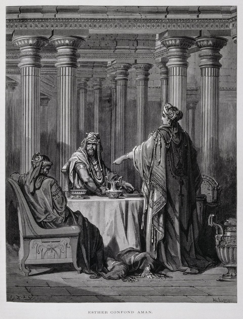 Haman potępiony przez królową Esterę, ilustracja z Biblii Dore