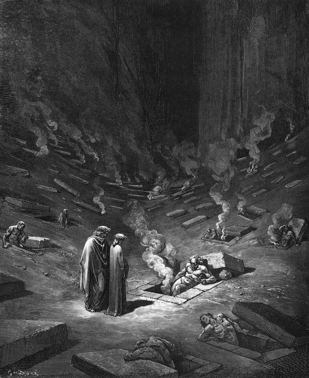 Herezjarchowie, ilustracja z "Boskiej komedii" (Inferno) Dantego Alighieri (1265-1321) Paryż, wyd. 1885 r. autorstwa Gustave Dore