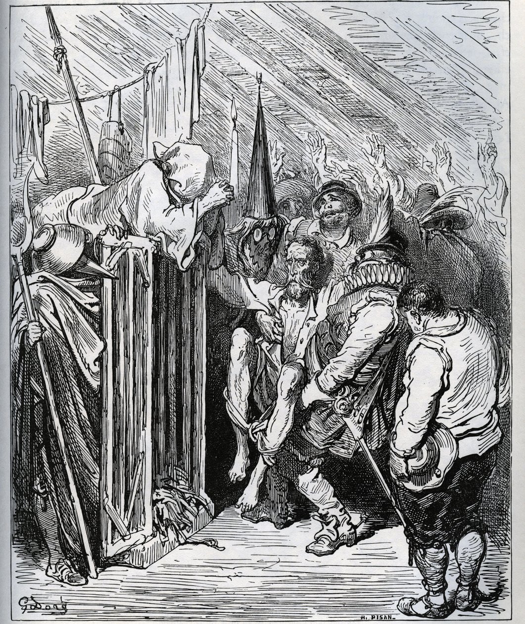 Jak pozbyć się Don Kichota. Ludzie z hotelowego sklepu postanowili go zamknąć, wmawiając mu nowe zaklęcie i nowy rycerski test - z „Don Kichota z Manchy” Miguela Cervantesa (1547-1616) (Don Kichota) - Drzeworyt po rysunku autorstwa Gustave Dore