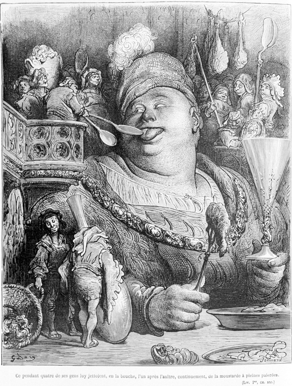 Jednak czterech z jego ludzi wrzucało mu do ust musztardę, jeden po drugim, bez przerwy, z pełnymi łopatami. Wyciąg z Gargantua autorstwa François Rabelais (1483 - 1553), rycina Gustave Dore (1832-1883). autorstwa Gustave Dore