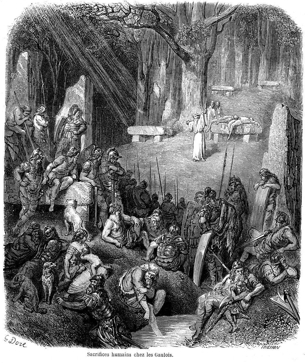 Ofiary z ludzi wśród Galów - druidzi, dolmen, menhir - rycina Gustave