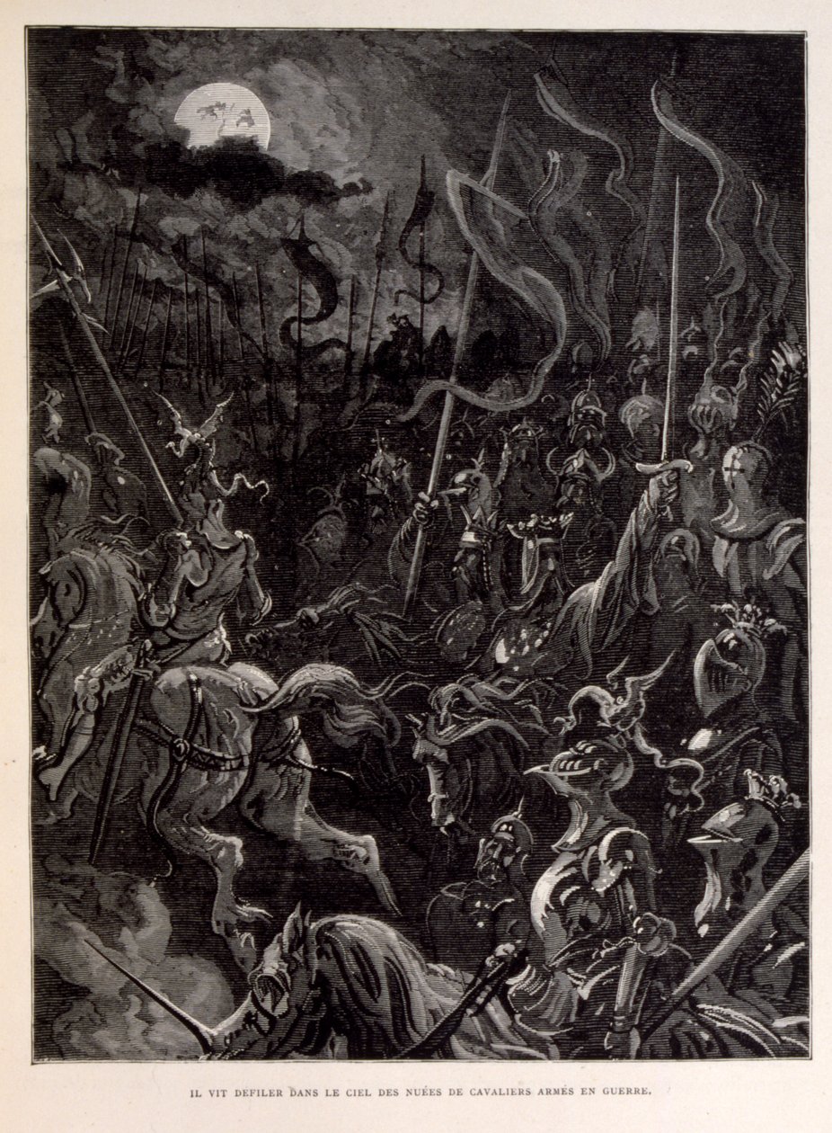 Ilustracja przedstawiająca rycerzy podczas bitwy w księżycowy wieczór. autorstwa Gustave Dore