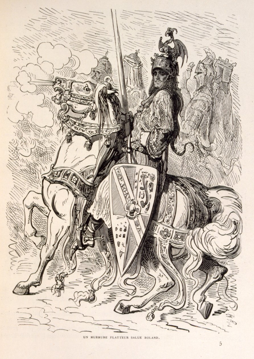Ilustracja przedstawiająca Rolanda na koniu. z La legende de Croque-Mitaine. autorstwa Gustave Dore