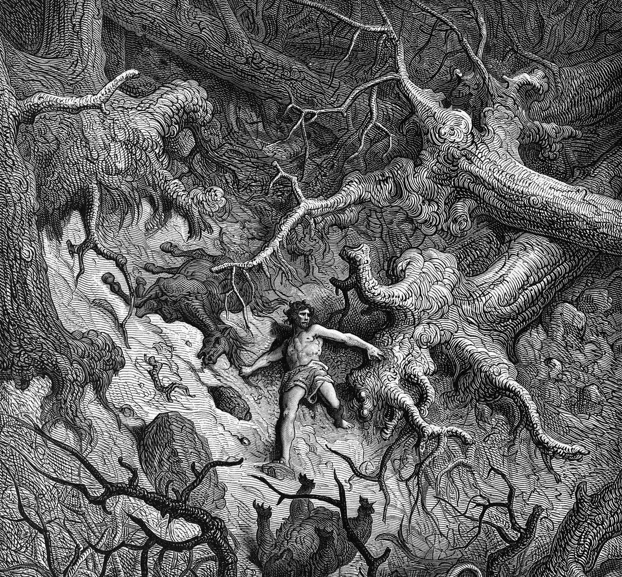Ilustracja do "Wściekłego Rolanda" (Orlando Furioso) autorstwa Ludovico Ariosto (Arioste) (1474 - 1533): Roland, całkowicie wściekły, niszczy las i zwierzęta. Ilustracja Gustave