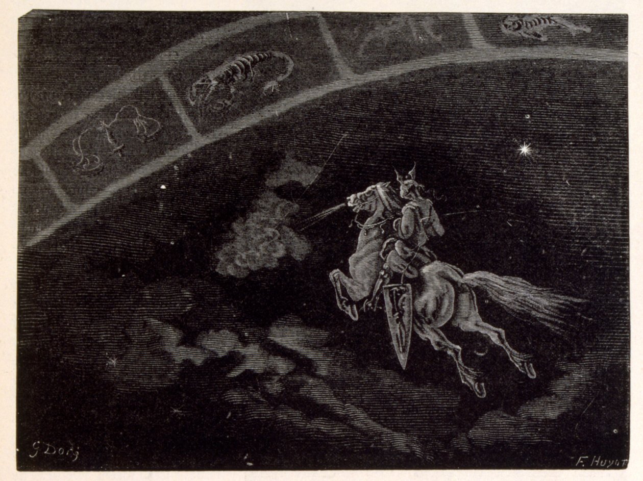 Ilustracja przedstawiająca znak gwiezdny Scorpio. z La legende de Croque-Mitaine. autorstwa Gustave Dore