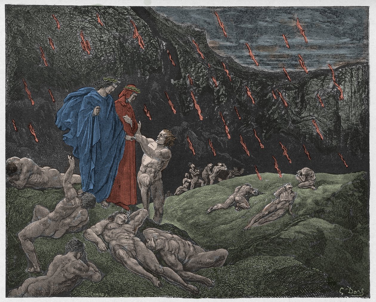 Inferno, Canto 15: Brunetto Latini zaczepia Dantego, ilustracja z „Boskiej komedii” Dantego Alighieri, 1885 autorstwa Gustave Dore
