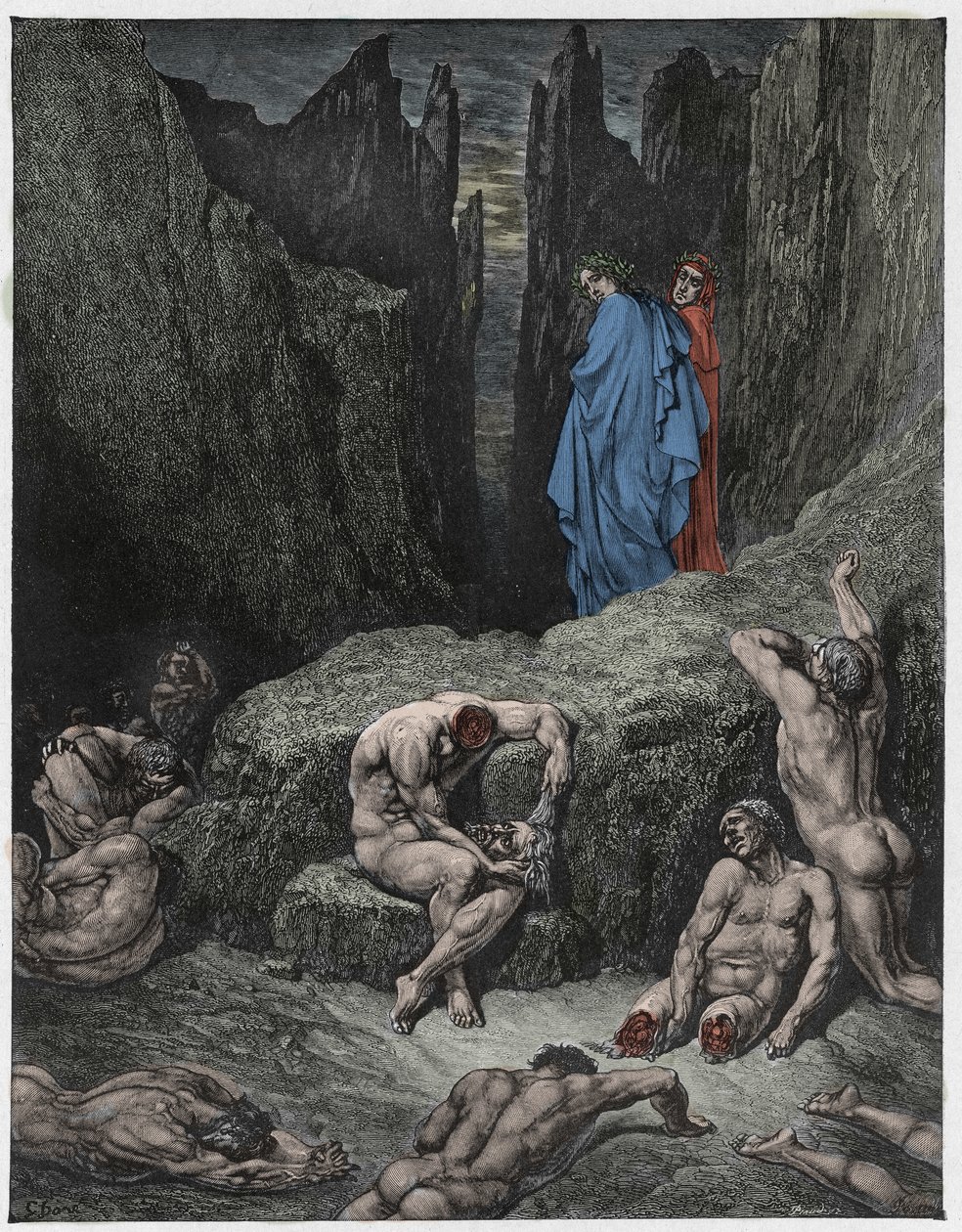 Inferno, Canto 29: Wergiliusz gani ciekawość Dantego, ilustracja z „Boskiej komedii” Dantego Alighieri, 1885 autorstwa Gustave Dore