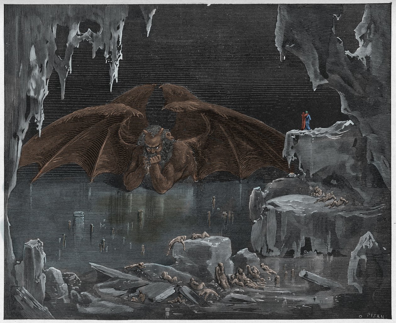 Inferno, Canto 34: Lucyfer, król piekieł, zamarznięty w lodzie, ilustracja z „Boskiej komedii” Dante Alighieri, 1885 autorstwa Gustave Dore