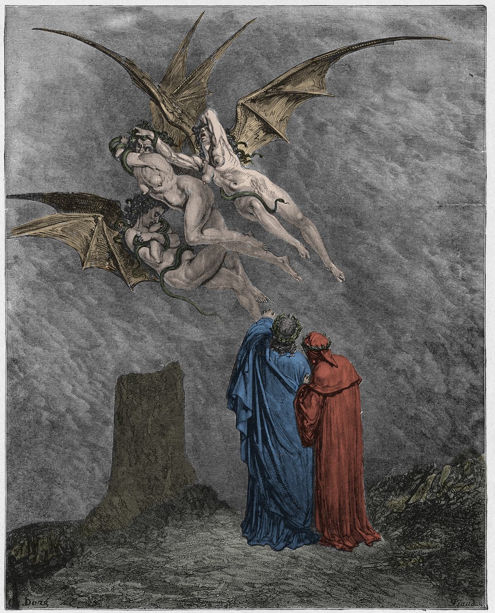 Inferno, Canto 9: Ohydne Erinyes: Megaera, Tyzyfona, Alekto autorstwa Gustave Dore