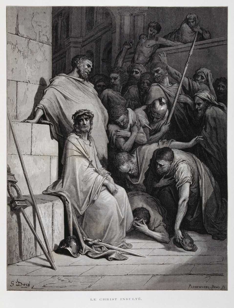 Obelgi pod adresem Chrystusa podczas procesu, ilustracja z Biblii Dore