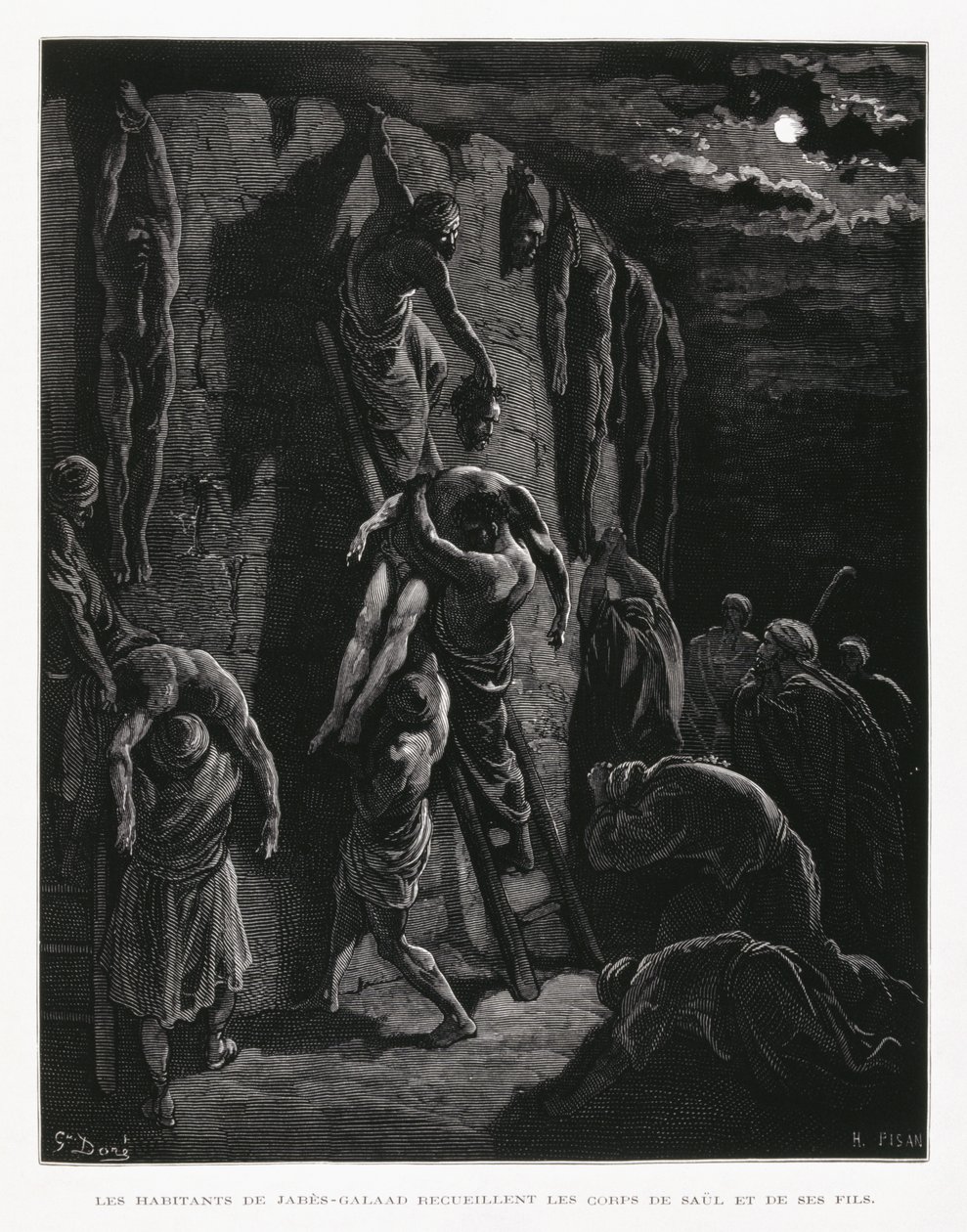 Jabesz-Gileadczycy odzyskują ciała Saula i jego synów, ilustracja z Biblii Dore
