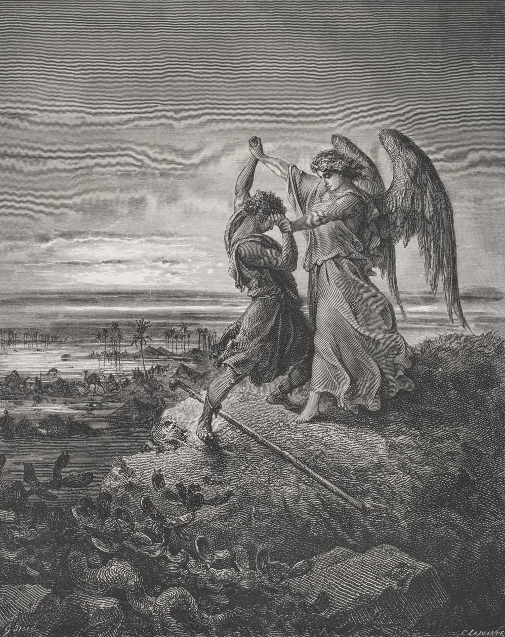 Jacob Wrestling with the Angel, Genesis 32:24-32, ilustracja z "The Holy Bible" Dore