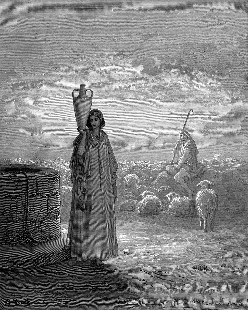 Jakub, trzymający stada Labana, widzi Rachelę przy studni, 1866 autorstwa Gustave Dore