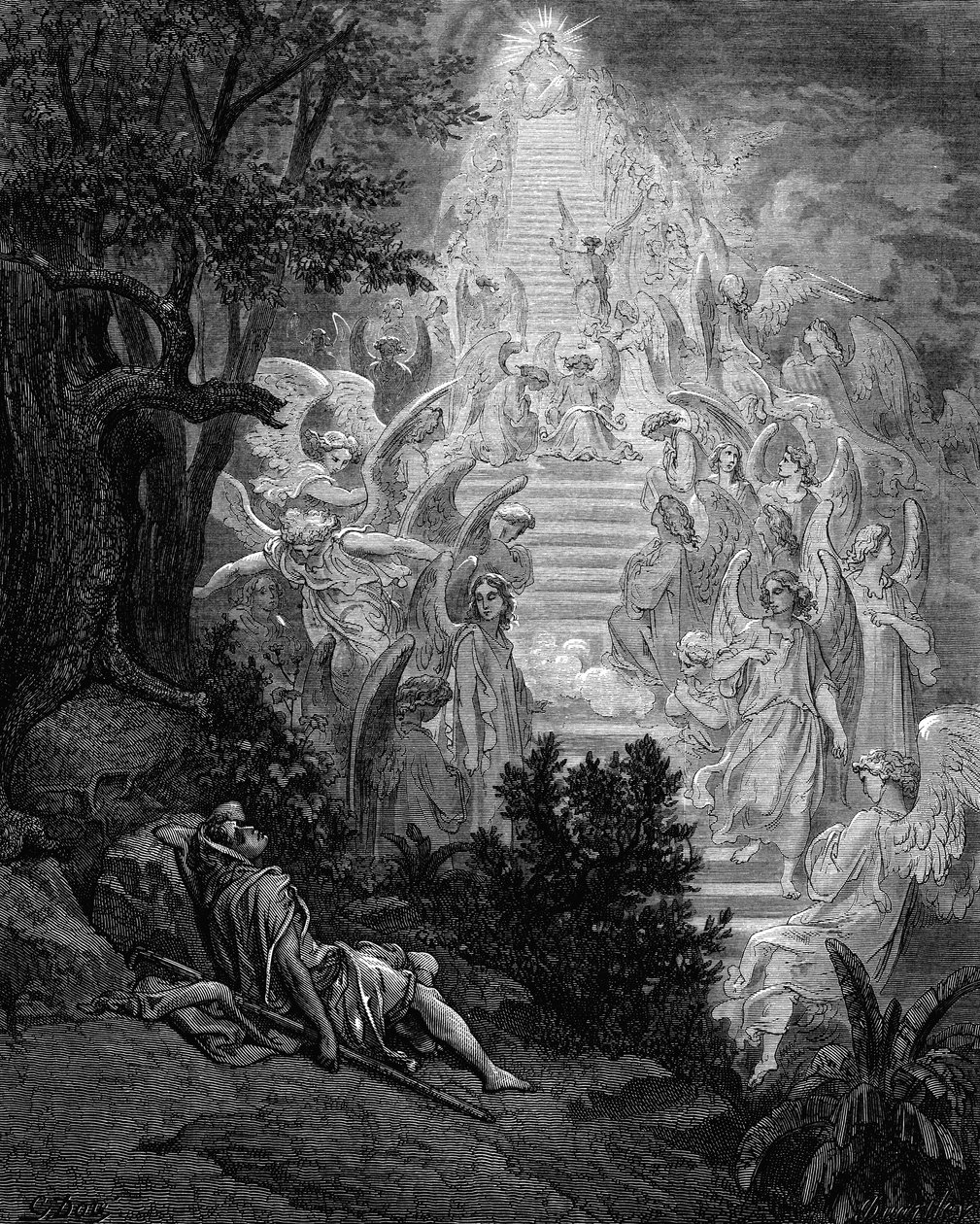 Jacobs marzy o schodach prowadzących do nieba z Bogiem na szczycie, 1865-1866 autorstwa Gustave Dore