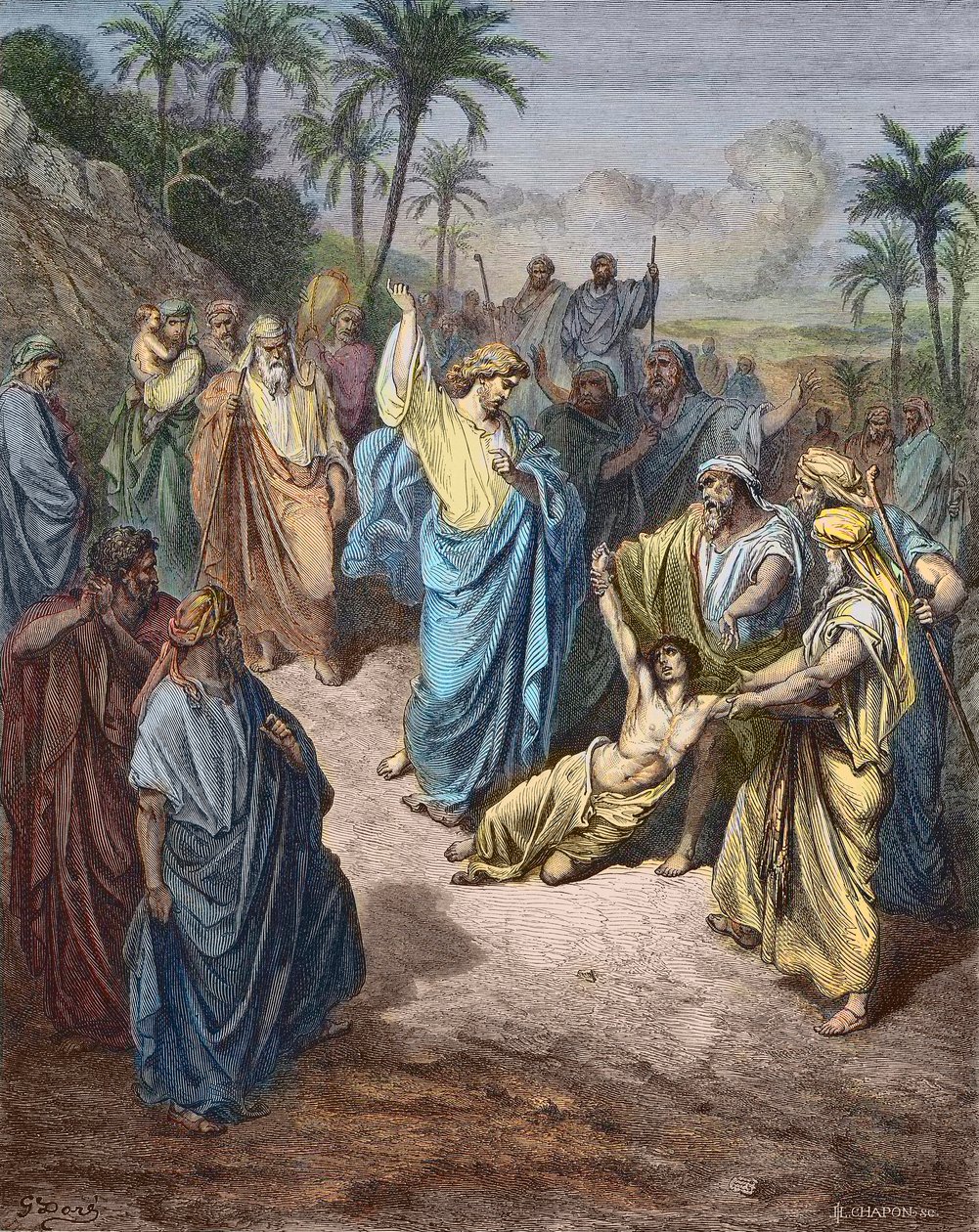 Jezus Chrystus walczący z młodą opętaną Demona - Jezus uzdrawiający wariata - Barwny grawer na cześć Gustave