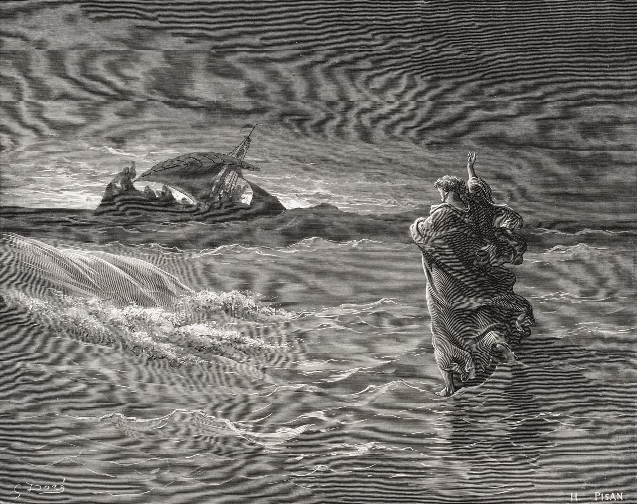 Jezus kroczący po morzu, Jan 6:19-21, ilustracja z „Pismo Świętej” Dore