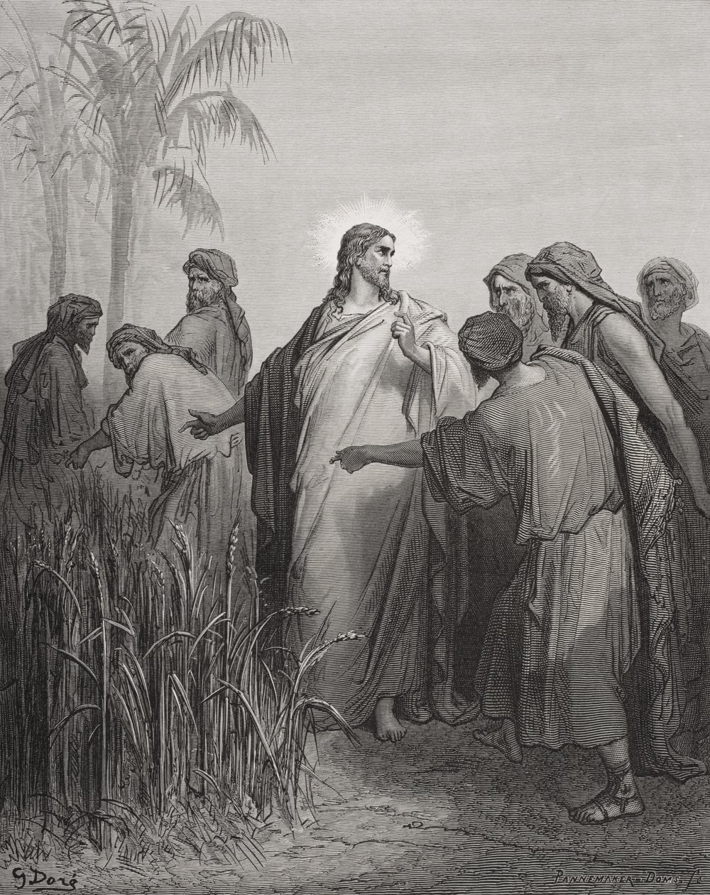 Jezus i jego uczniowie na polu kukurydzy, ilustracja z "The Holy Bible" Dore
