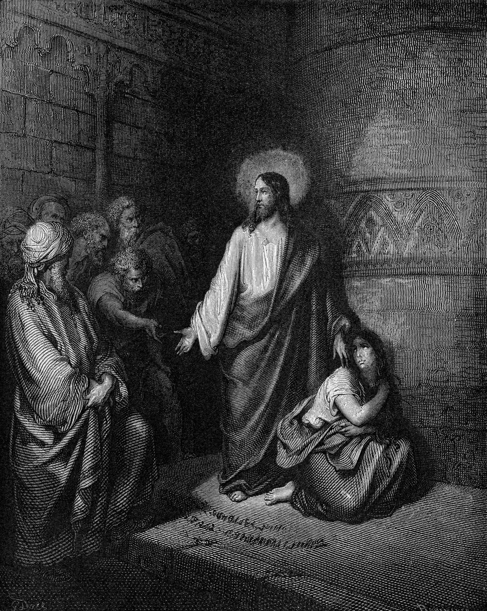 Jezus i niewiasta przyjęci na cudzołóstwo autorstwa Gustave Dore