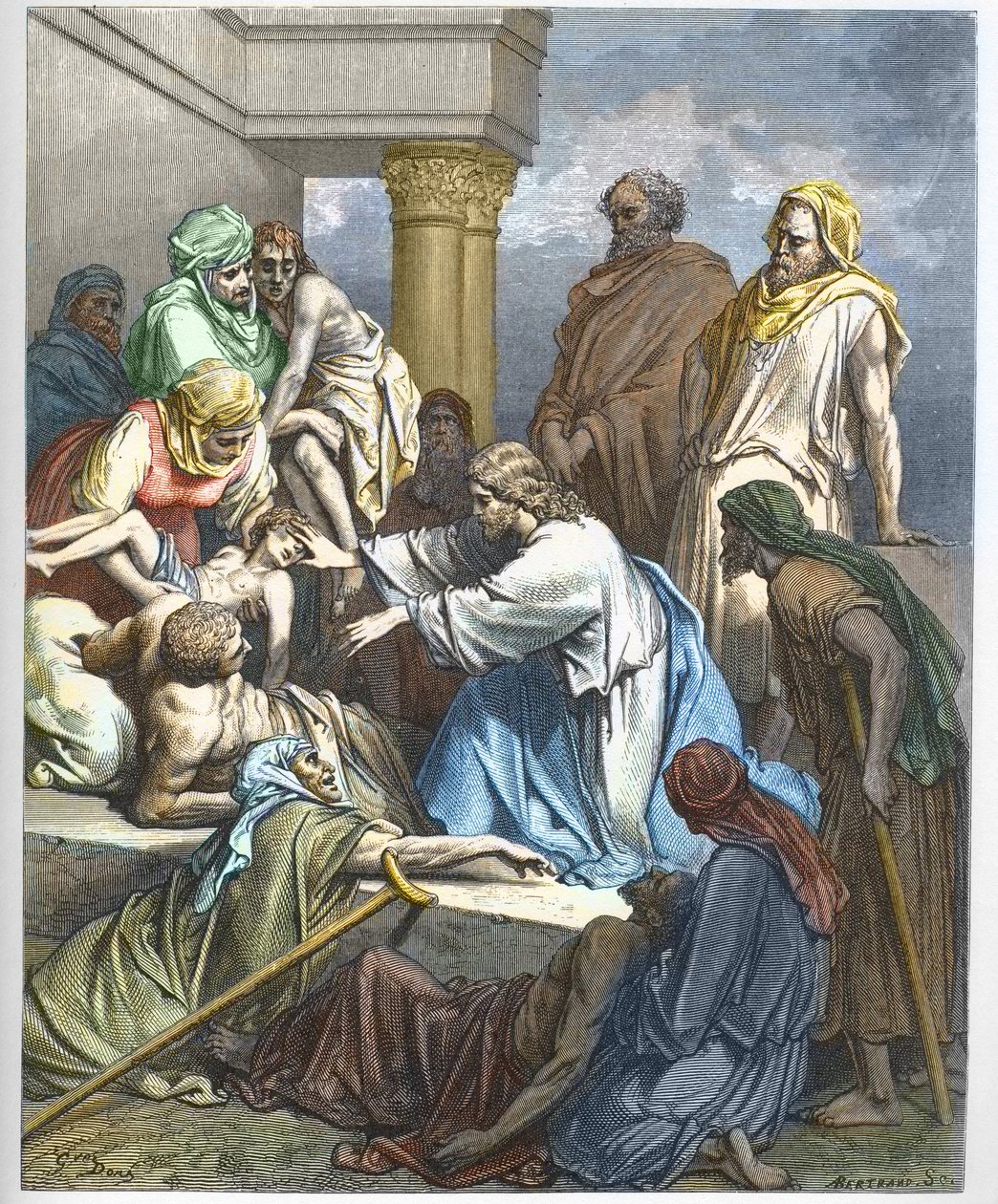 Jesus guerit les malades - Jezus uzdrawiający chorych - - Grawerowanie w „The Bible illustree” Gustave