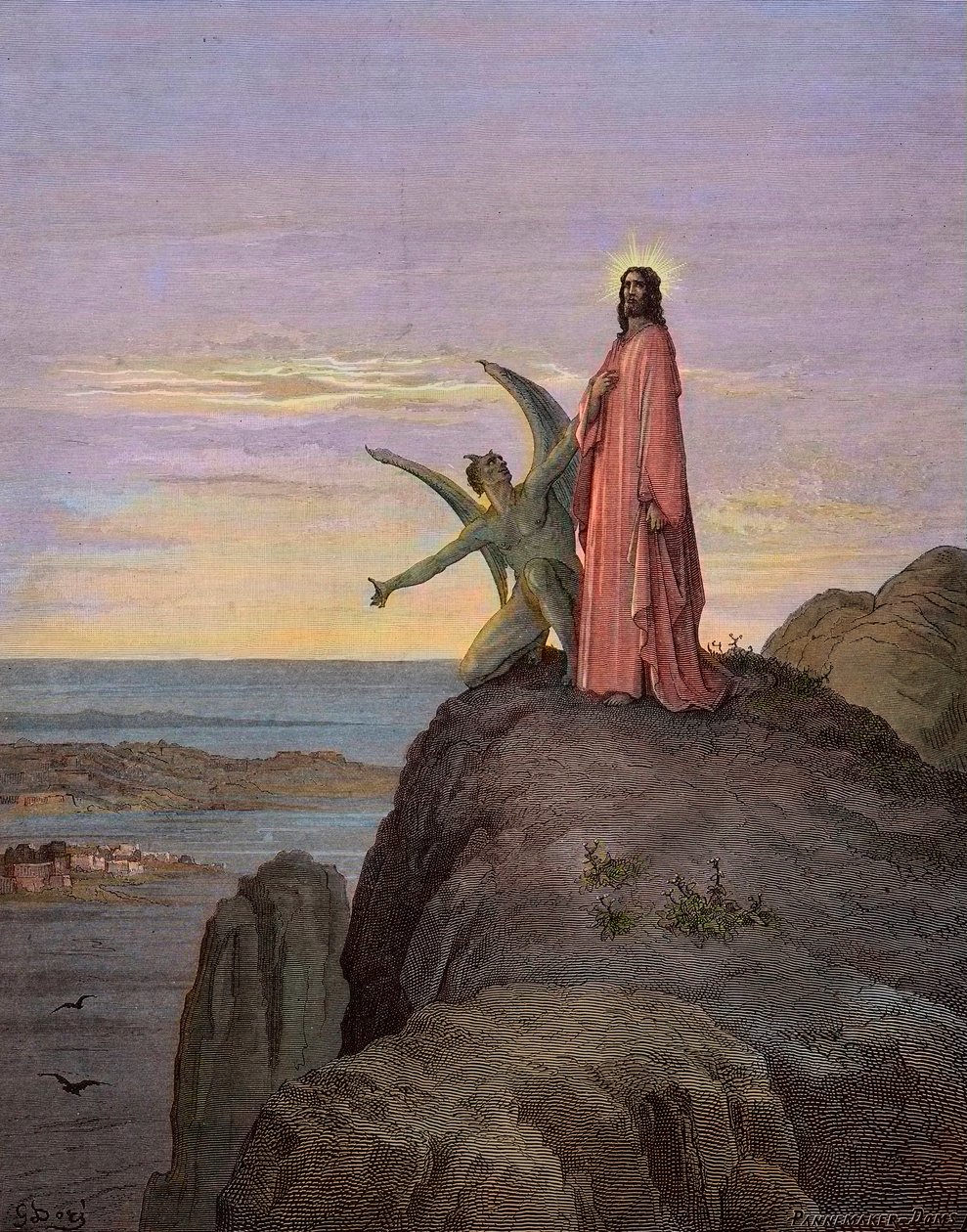 Jezus na pustyni, poddany kuszeniu diabła - Kuszenie Chrystusa - Szatan kusił Jezusa - rycina Gustave Dore - późniejsza kolorystyka autorstwa Gustave Dore