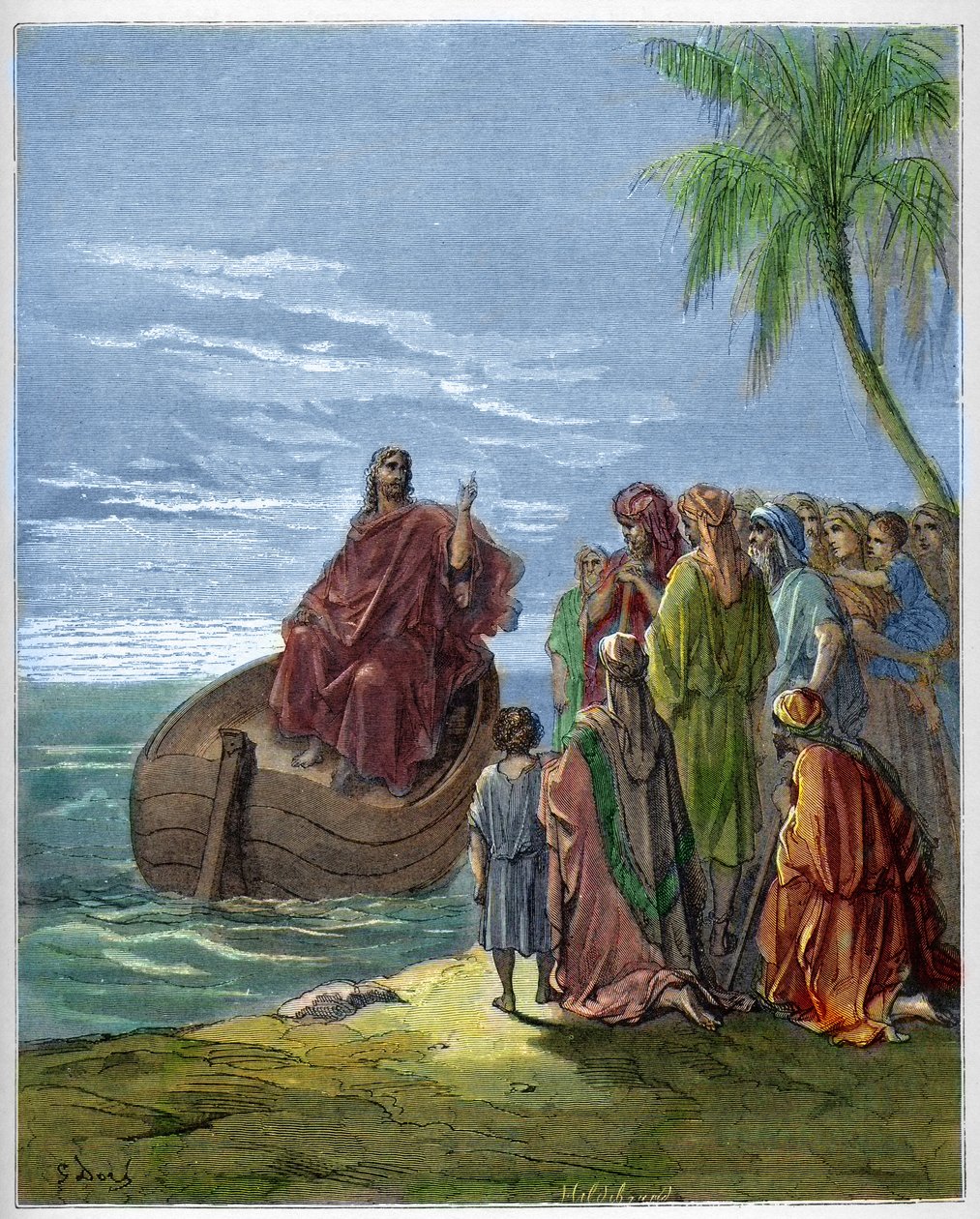 Jezus głosi kazania nad Jeziorem Genezaret (Genesareth, Ginosar lub Kinneret) (Jezioro Tyberiada) (Morze Galilejskie) - Jezus nauczający nad Jeziorem Galilejskim - - grawerowanie w „The Bible illustree” Gustave