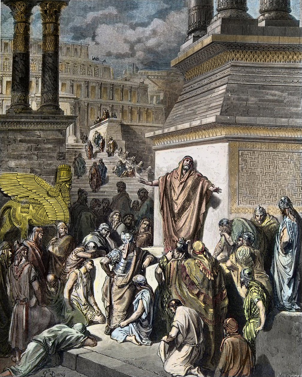 Jonasz wzywa Ninivitesa do pokuty - Jonasz zachęca Ninivitesa do pokuty - ilustracja z "The Holy Bible" Gustave