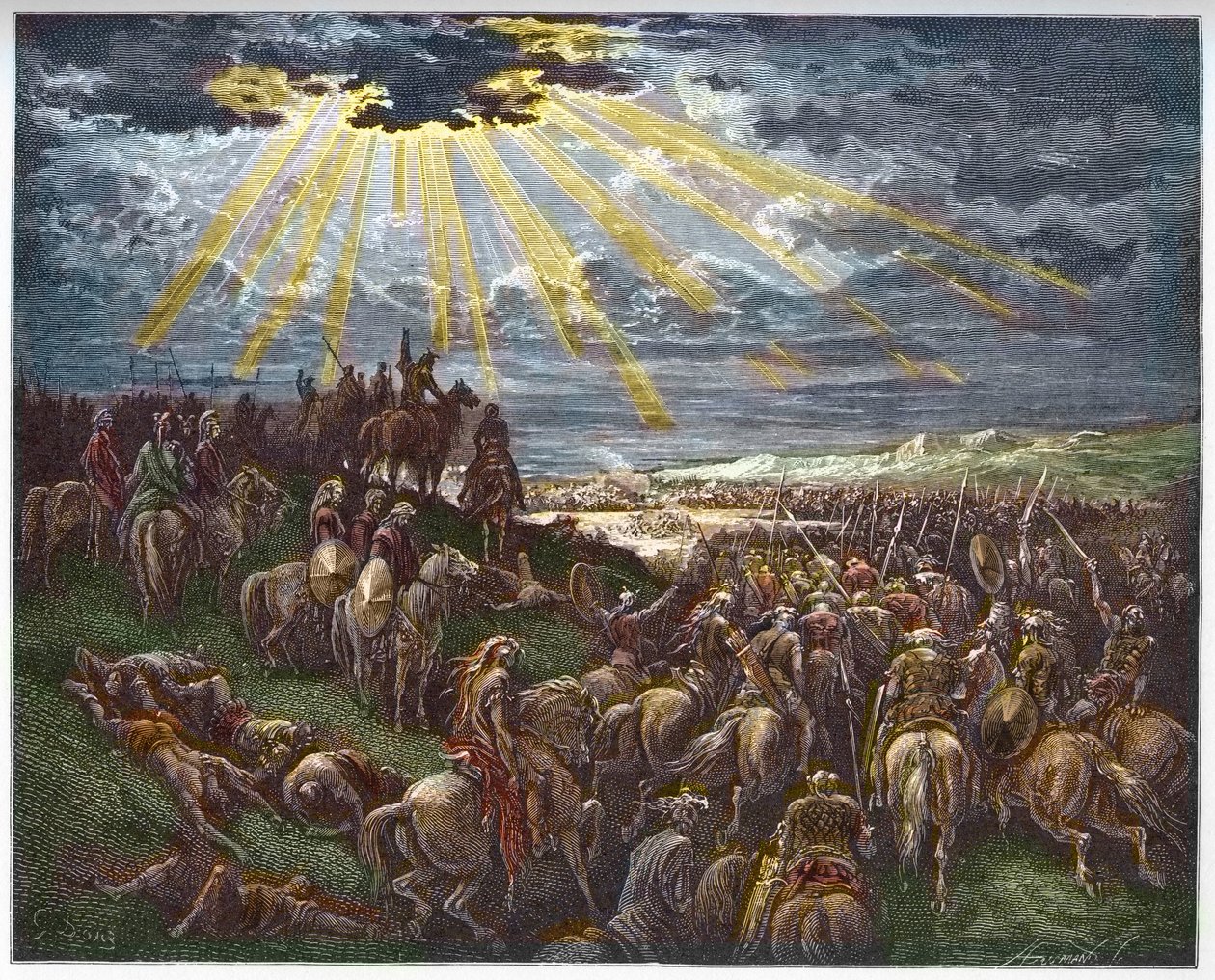 Joshua nakazujący słońcu stać w miejscu - Josue arrete le soleil - grawerowanie w „The Bible illustree” Gustave