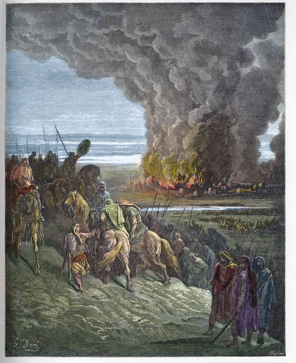 Joshua pali miasto Ai - Zdobycie miasta Ai (Hai) przez Josue (Josue Book to Flames the City of Ai) - grawerowanie w „The Bible illustree” Gustave