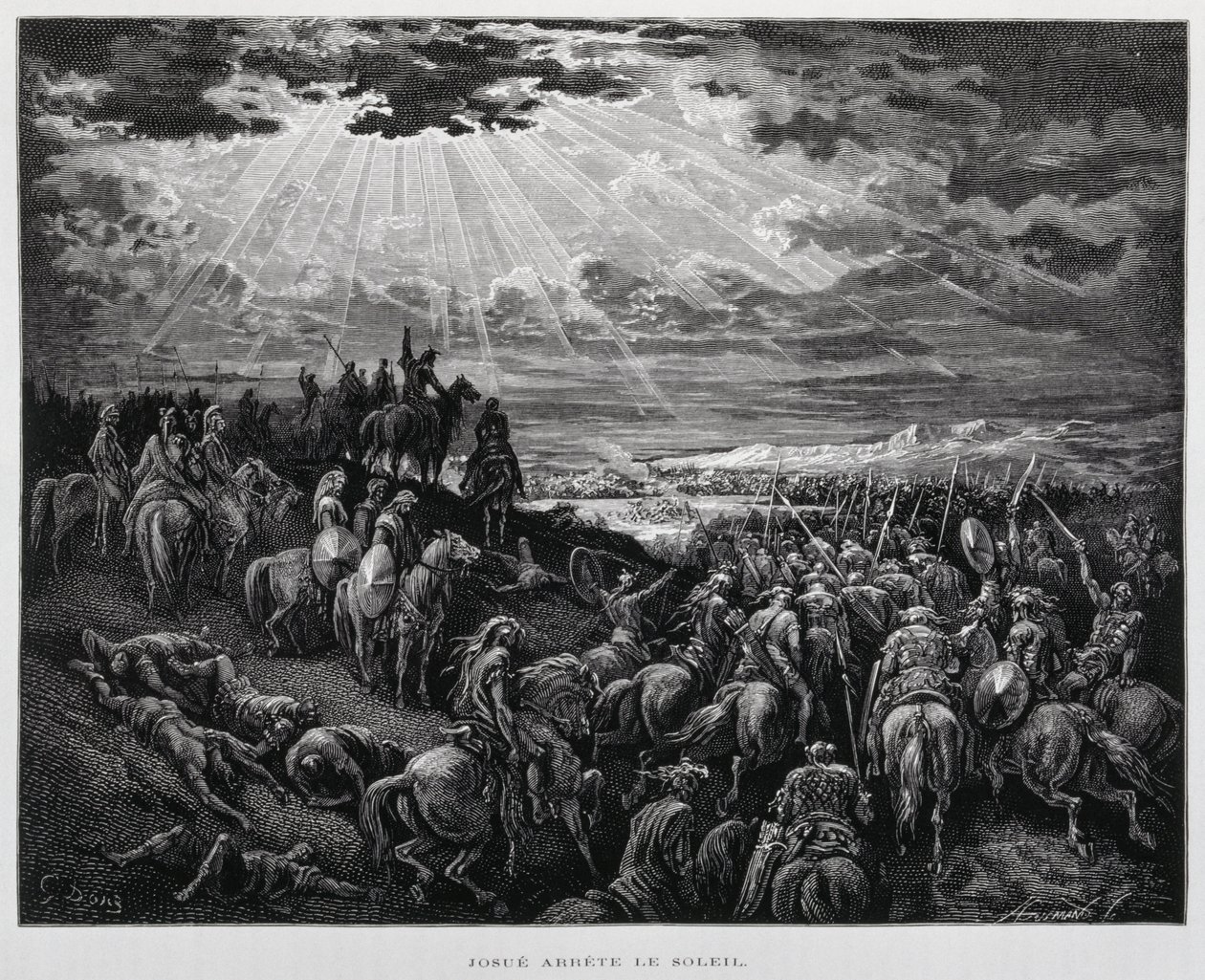 Jozue sprawia, że słońce się zatrzymuje, ilustracja z Biblii Dore autorstwa Gustave Dore