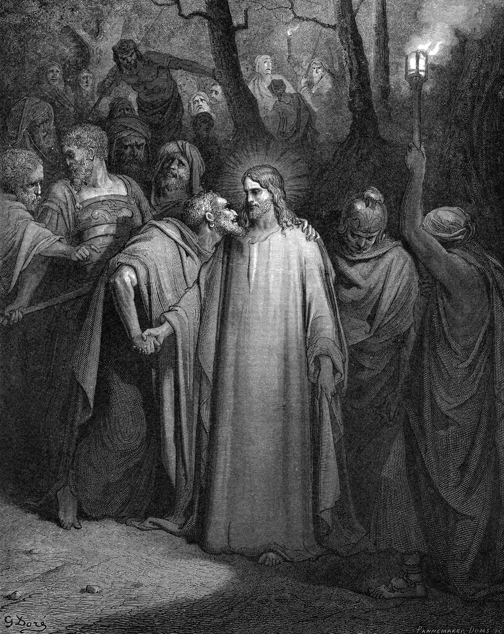 Judasz pocałunkiem zdradza Chrystusa, 1866 autorstwa Gustave Dore