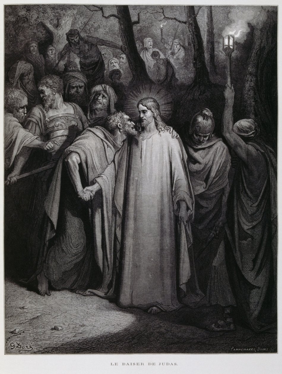 Judasz zdradza Jezusa pocałunkiem; ilustracja z Biblii Dore