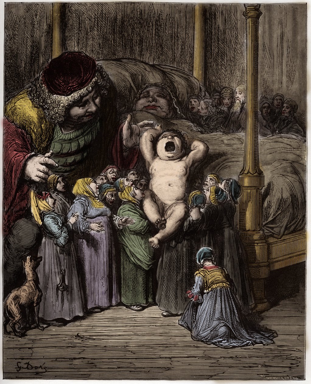 La Naissance de Gargantua - Narodziny Gargantua - ilustracja z "Gargantua i Pantagruel", autorstwa Francois Rabelais - rycina Gustave Dore (1832-1883) autorstwa Gustave Dore