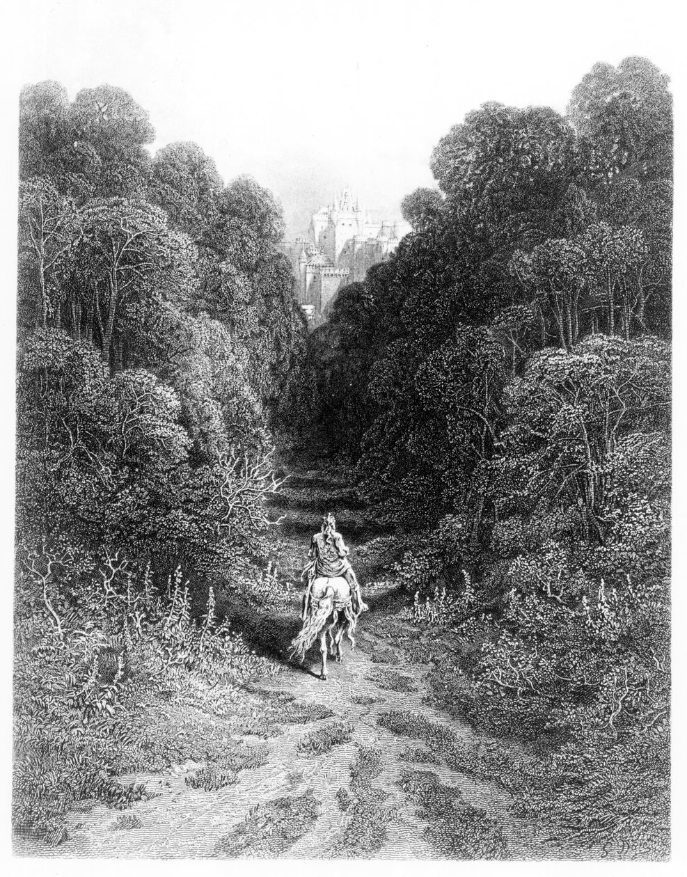 Lancelot zbliża się do zamku w Astolat, ilustracja z „Idylls of the King” Alfreda Tennysona (lito) autorstwa Gustave Dore