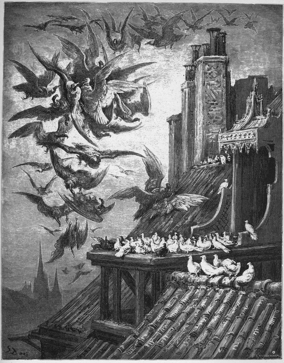 Sępy i gołębie – z „Bajek” Jeana de La Fontaine autorstwa Gustave Dore