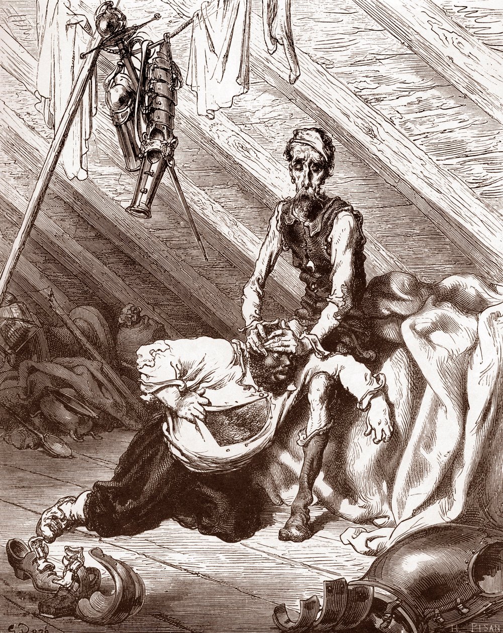 Złe skutki eliksiru Fierabrasa (Złe skutki lekarstwa, które miało leczyć siniaki Sancho) Rycina Gustave Dore (1832-1883) dla „L