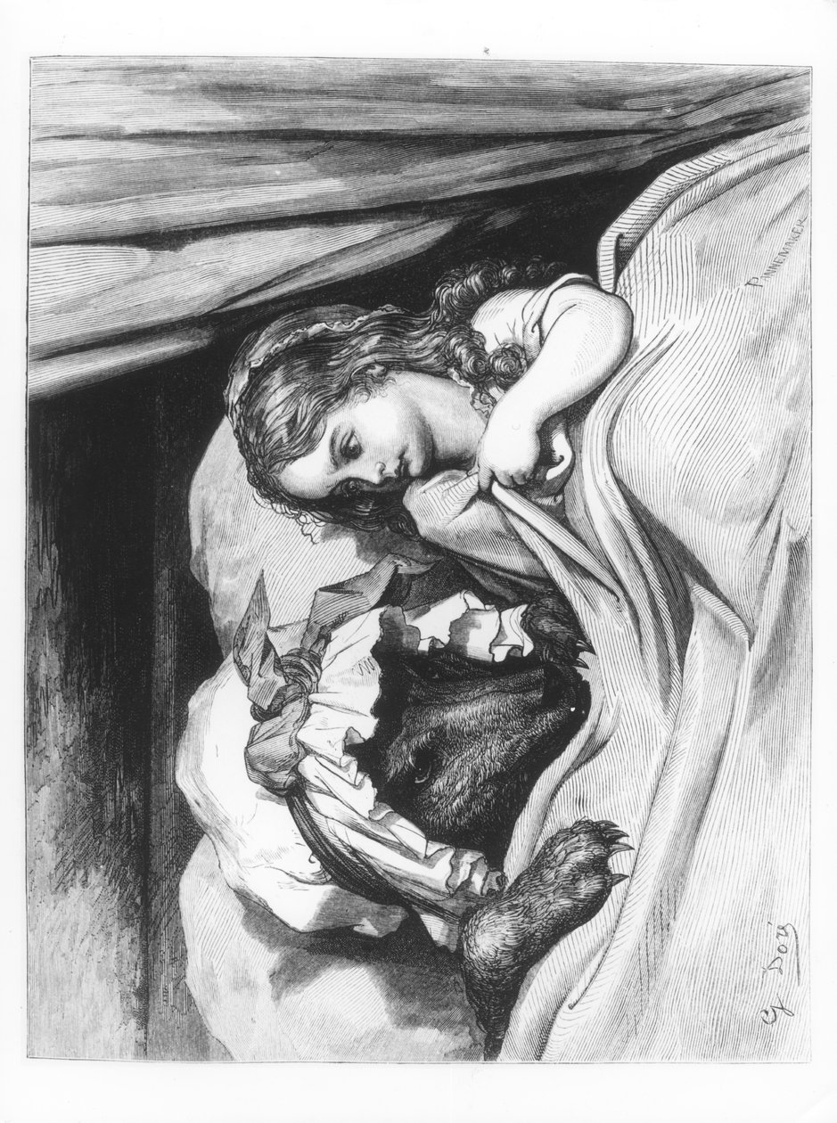 Czerwony Kapturek i Wilk”, ilustracja z „Les Contes de Perrault”, sztychowana przez Pannemakera, wyd. J.Hetzel, 1862 autorstwa Gustave Dore