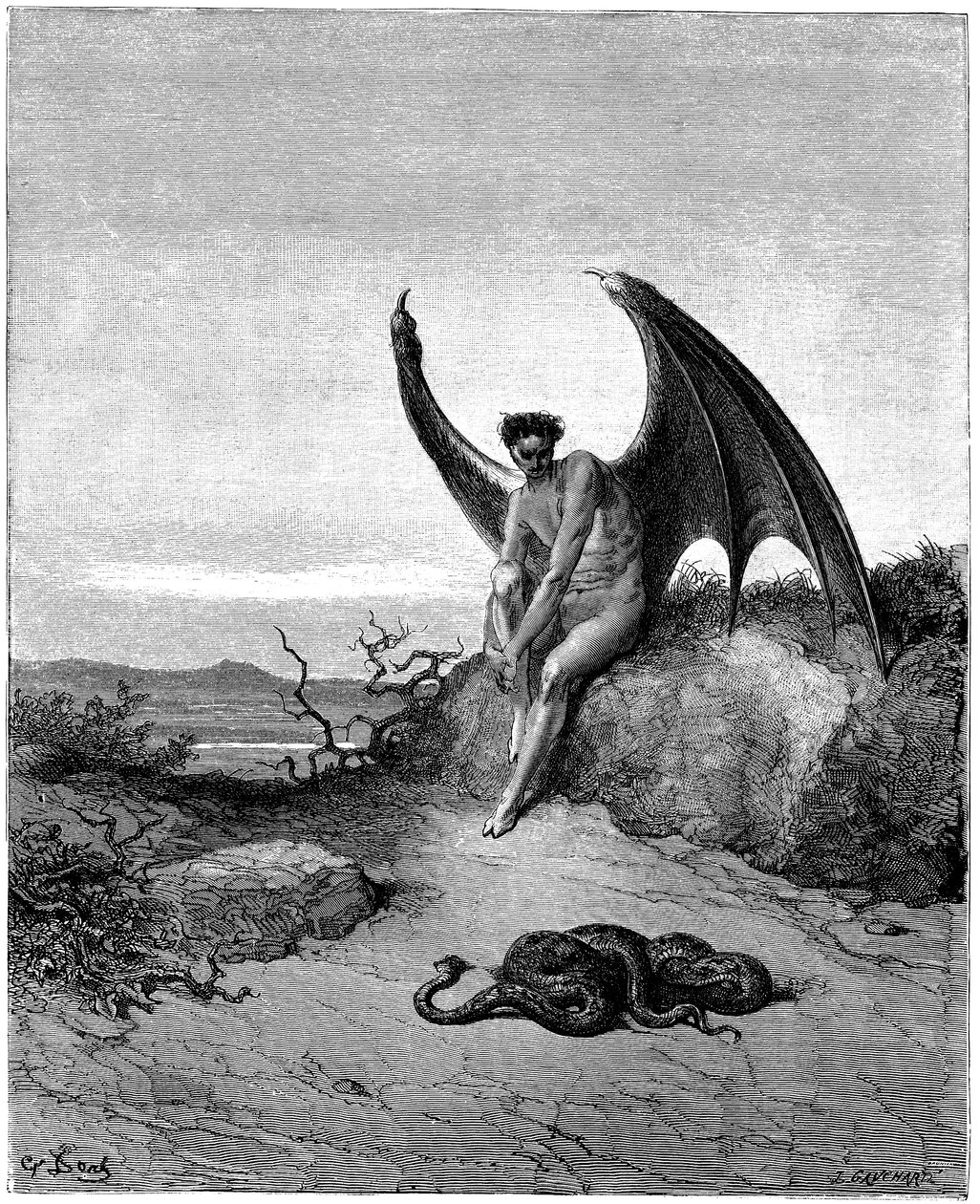 Lucyfer (Szatan, anioł dechu, spadł z nieba na Ziemię) spotyka węża. Ilustracja Gustave