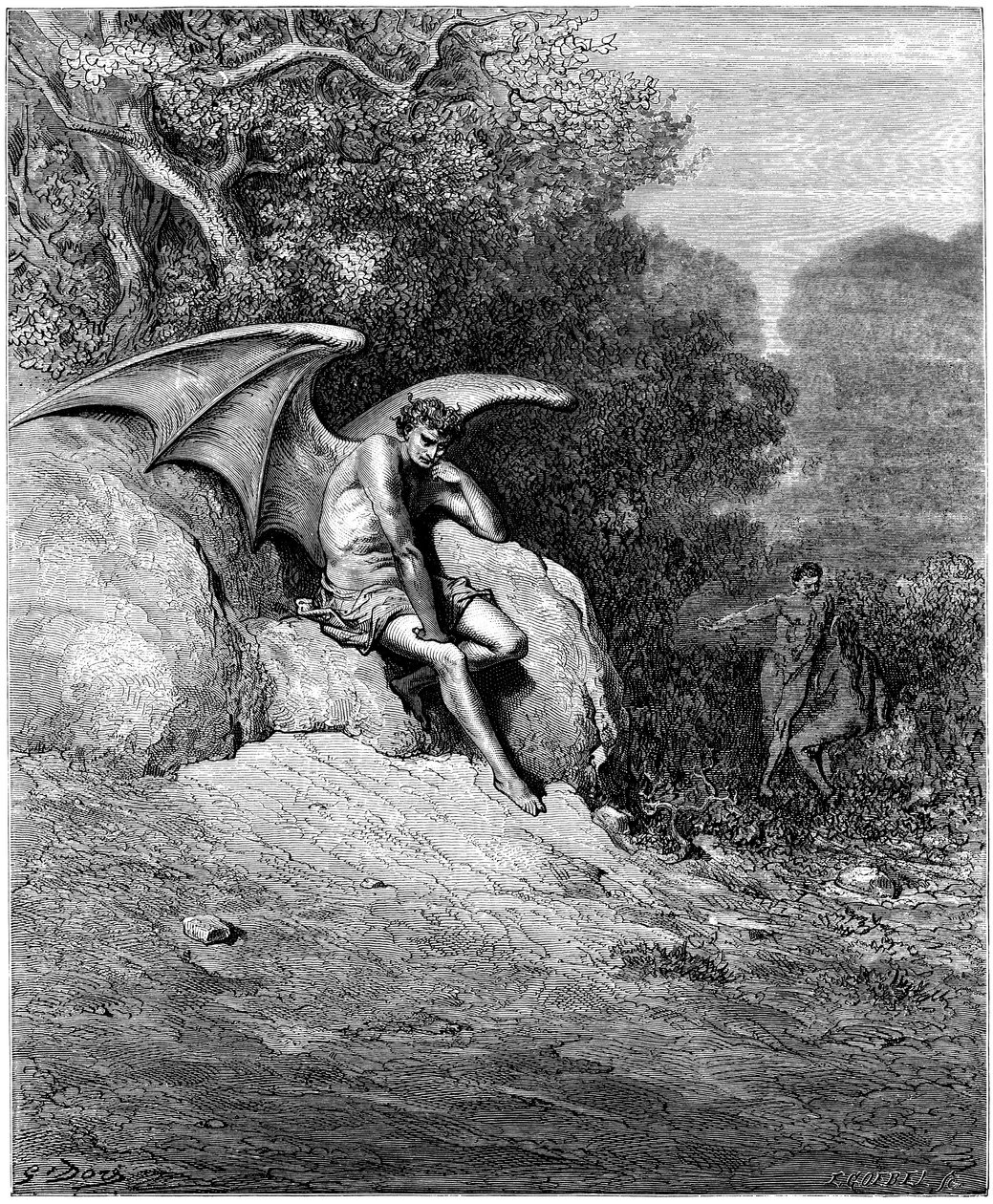 Lucyfer (Szatan, anioł dechu, spadł z nieba na Ziemię) odbił się od Adama i Ewy. Ilustracja Gustave