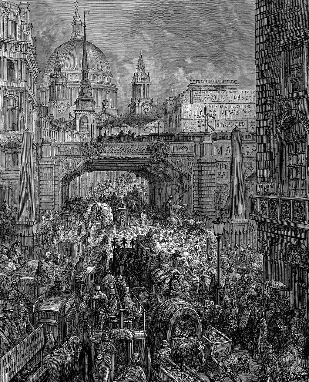 "Ludgate Hill": Z Gustave Dore i Blanchard Jerrold London: A Pilgrimage London 1872. Scena korków ulicznych, wiadukt kolejowy (w środku) i kopuła kościoła św. Pawła. Drzeworyt autorstwa Gustave Dore