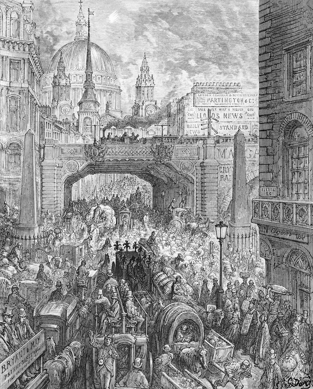 Ludgate Hill, z „Londyn, pielgrzymka”, napisane przez Williama Blancharda Jerrolda (1826-94) wyd. 1872 (grawerowanie) autorstwa Gustave Dore