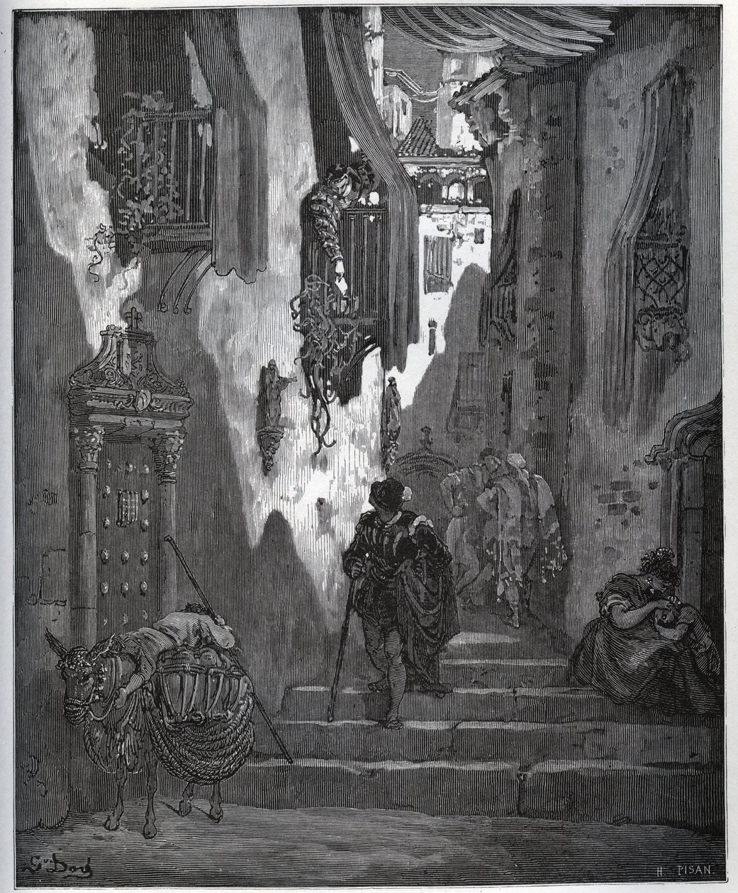 Luscinde wysyła bilet do Cardenio - z „Don Kichota z Manchy” Miguela Cervantesa (1547-1616) (Don Kichota) - Drzeworyt wg rysunku Gustave