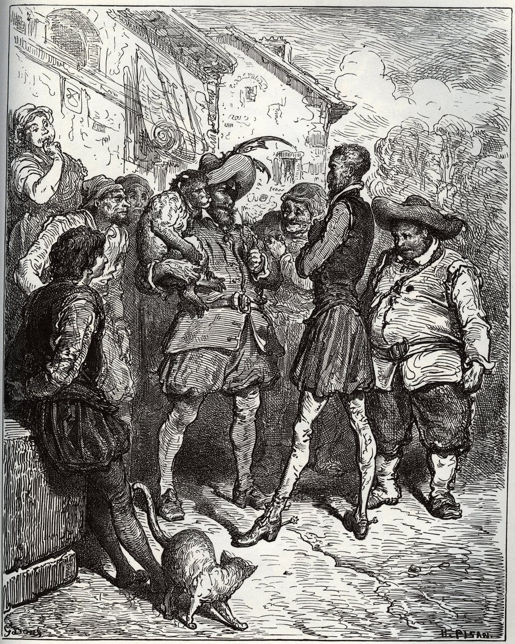 Maese Pedro i małpa wróżbiąca - z „Don Kichota z Manchy” Miguela Cervantesa (1547-1616) (Don Kichota) - Drzeworyt wg rysunku Gustave