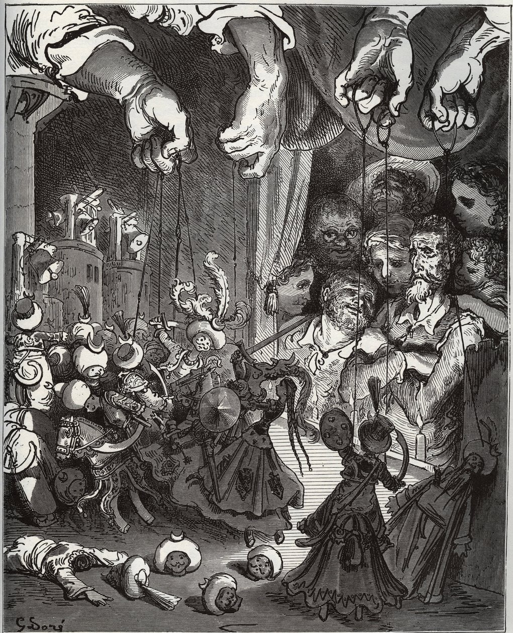 Przedstawienie kukiełkowe Maese Pedro - z „Don Kichota z Manchy” Miguela Cervantesa (1547-1616) (Don Kichota) - Drzeworyt wg rysunku Gustave