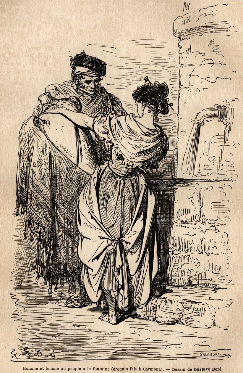 Mężczyzna i kobieta z ludu mają fontannę w Carmona, wiosce niedaleko Sewilli. Szkic wykonany na żywo przez Gustave Dore (1832-1883). Rycina ilustrująca podróż w Hiszpanii, w 1862 r. autorstwa Charlesa Davilliera i Gustave
