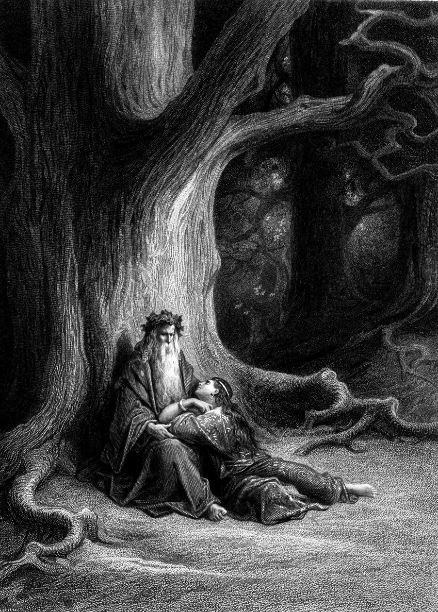 Merlin i Viviane w Lesie Broceliande (Cycle des chevaliers de la Table Ronde) - w „Viviane” Alfreda Tennysona, ilustracja G. Doré autorstwa Gustave Dore